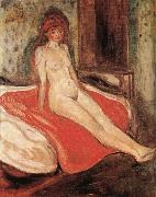 Edvard Munch The Gril sitting on the red quilt oil painting